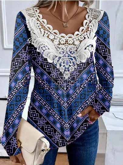 Round neck lace long sleeved elegant casual T shirt Blue - Shop at LoveMi