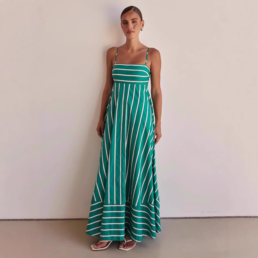 Womens Fashionable Simple Striped Strap Backless Maxi Dress