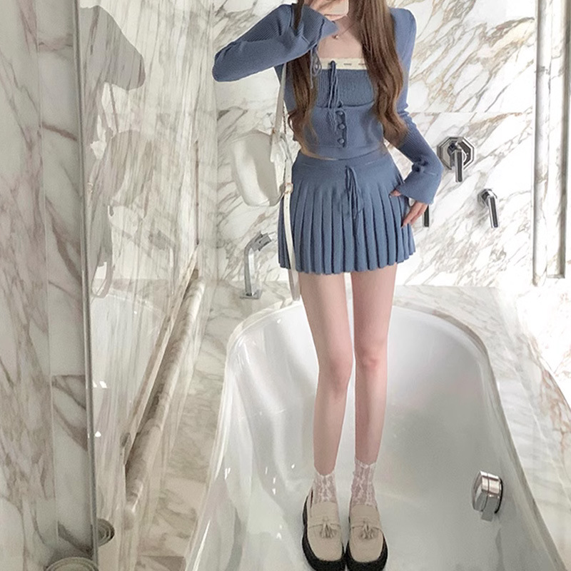 Contrast Color Knitted Cardigan Sling Skirt Suit