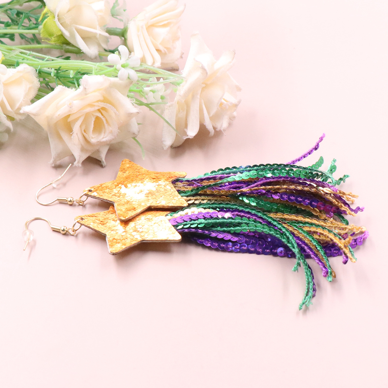 Multicolored Tassel Sequined Five-pointed Star Ear Hook Carnival Handmade Earrings