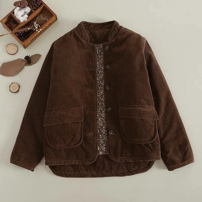 Women's Casual New Cotton Jacket Corduroy Coat - Brown