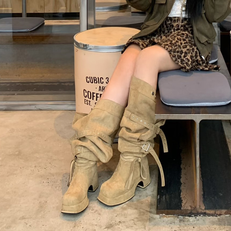 Large-calf-length Belt-buckle High-heeled Over-the-knee Boots