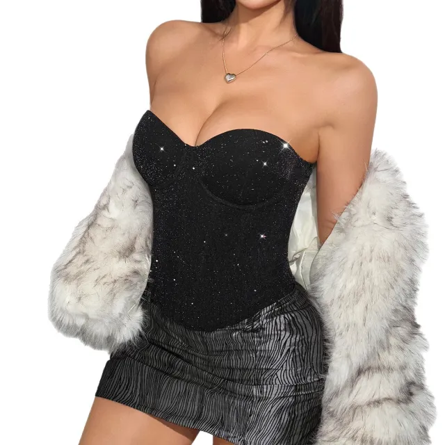 Sexy Sequin Tech style Bustier With Boning And Button up Front Black - Shop at LoveMi
