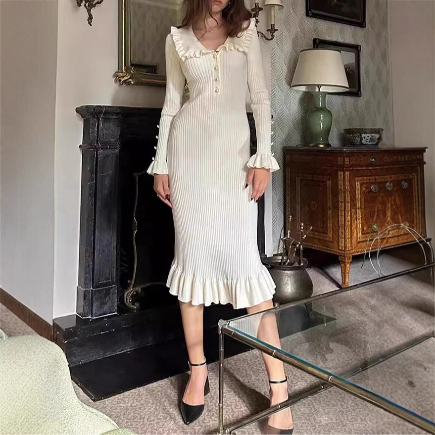 Solid Color Casual French Pleated Knit Dress For Women White - Shop at LoveMi