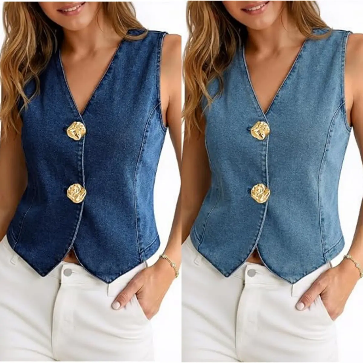 Womens Buttoned Denim Vest Top Fashionable Summer