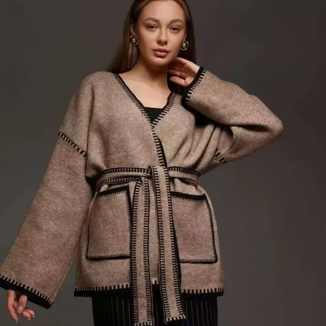 Lace up Knitted Cardigan Loose Mid length Sweater Coat Camel - Shop at LoveMi