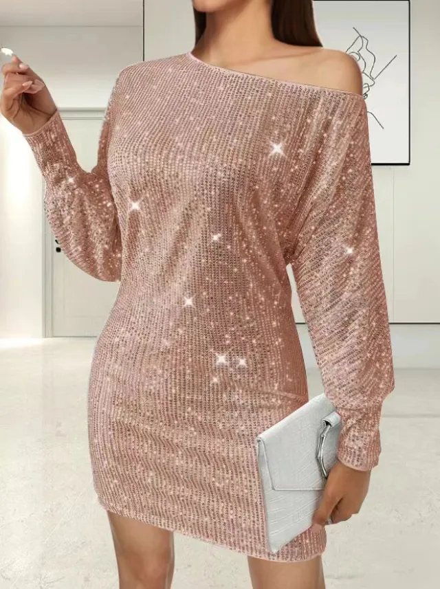 Sexy Sequin Long Sleeve Dress With Asymmetric Hem And One Shoulder Champagne - Shop at LoveMi