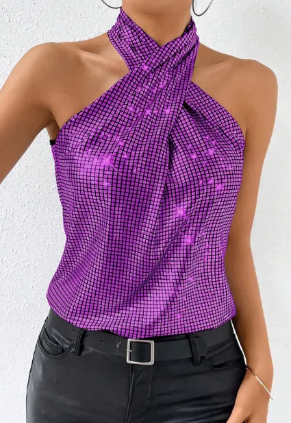 Womens Solid-Color Casual Minimalist Sequin Halter Top - Purple