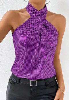 Womens Solid-Color Casual Minimalist Sequin Halter Top - Purple - View 1