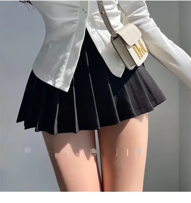 Pleated Skirt Women's Half length A Line High Waist Black - Shop at LoveMi