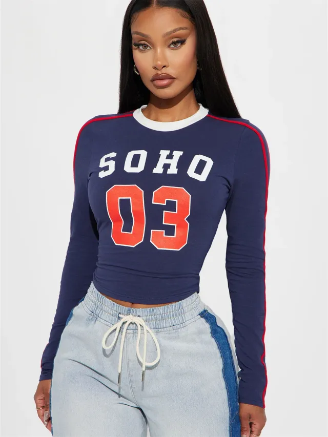 Sports And Leisure Style Long sleeved Top Round Neck Base Blue - Shop at LoveMi