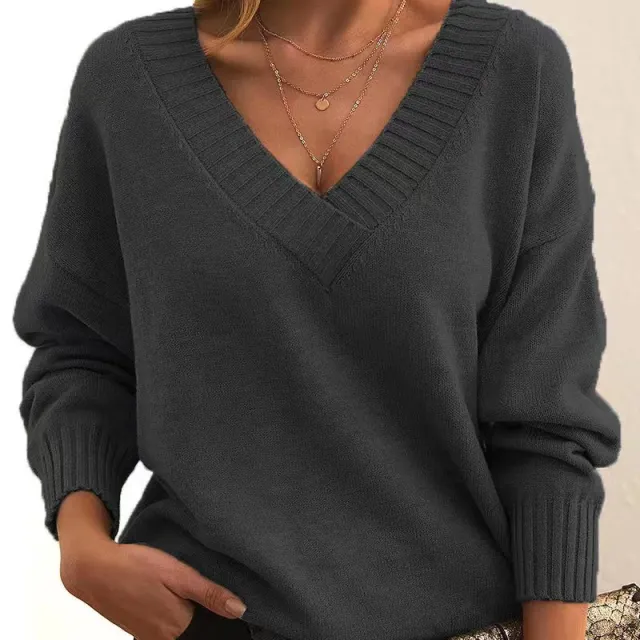Solid V neck Sweater Fashion Loose Long sleeved Knitted Tops Autumn And Winter Women's Clothing 7071 Dark Gray - Shop at LoveMi