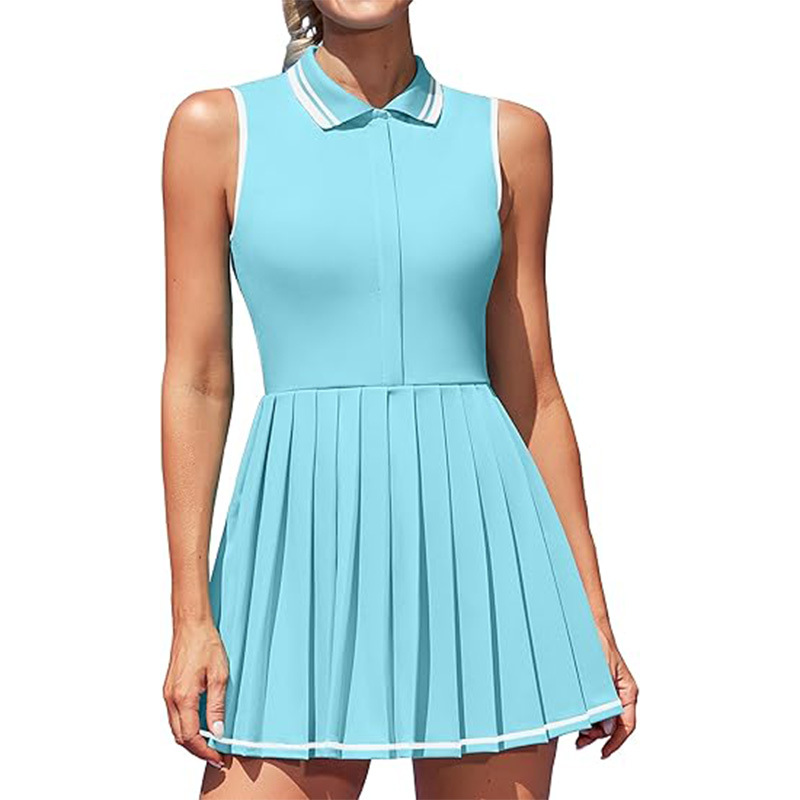 Contrast Color Polo Collar Tennis  Golf Dress Half Zipper Pleated Fitness Exercise Skirt - Image 6