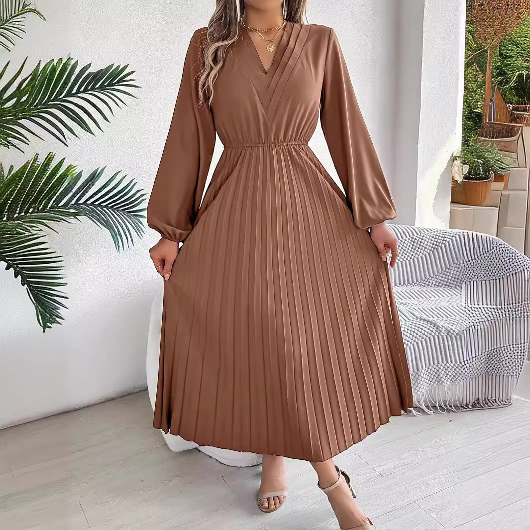 Elegant Womens Long Pleated Dress With A Triple V-Neck Long Sleeves And A Defined Waist