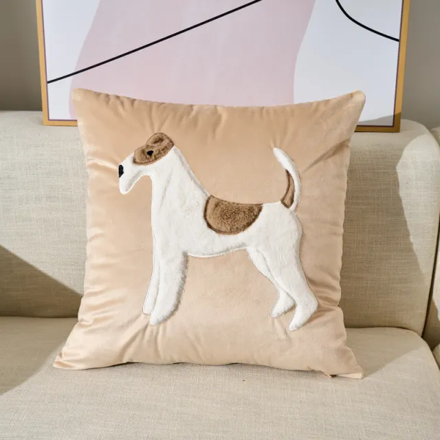 Embroidered Velvet Plush Cute Sofa Decorative Cushion Pillow Cover Khaki Puppy - Shop at LoveMi