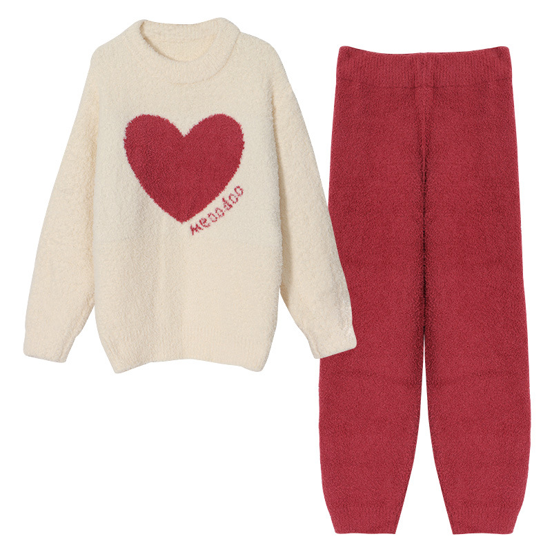 Women's Fashionable Warm Round Neck Coral Fleece Homewear Suit