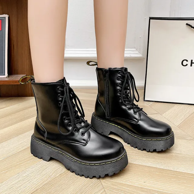 Versatile Lace up Martin Boots With Thick Heels Black - Shop at LoveMi