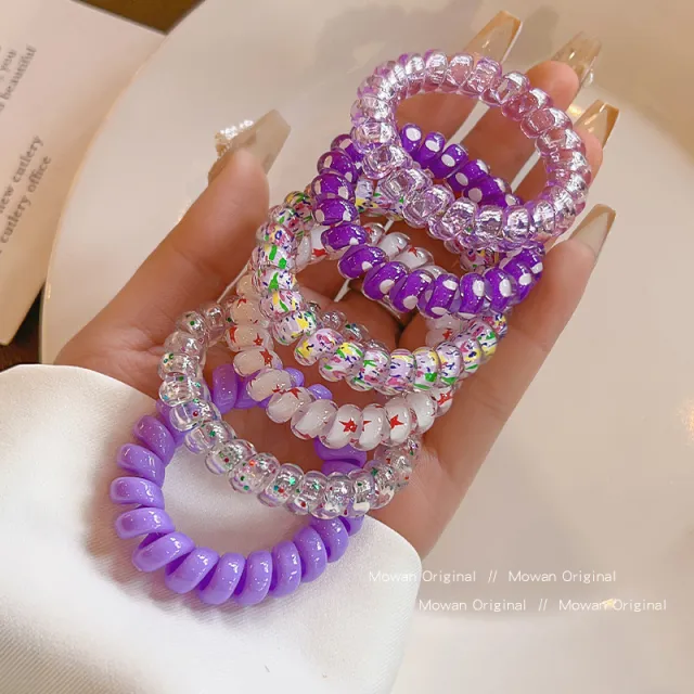 Colorful Phone Line Hair Ring Women's Summer Balls Hair Tie High Elastic Durable Hair Rope Purple 6 Pack - Shop at LoveMi