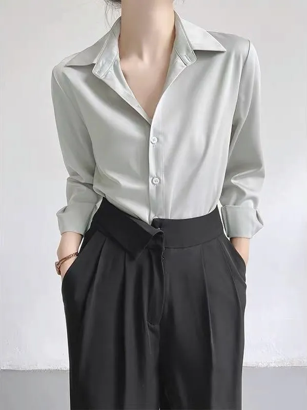 Women's High-grade Green Satin Shirt - Light Silver Gray