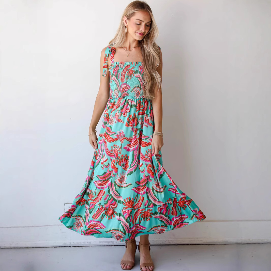 Abstract Smocking Long Dress Summer New Square Collar Sleeveless