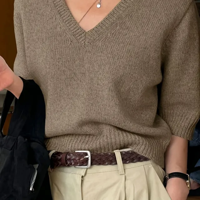 Women's Pure Color All matching Elegant V neck Knitted Sweater Camel - Shop at LoveMi