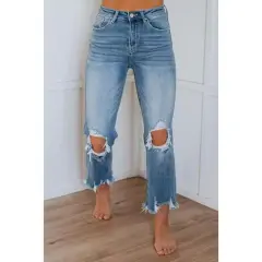 European And American Ripped Jeans Women's Tight - Dark Blue - View 1