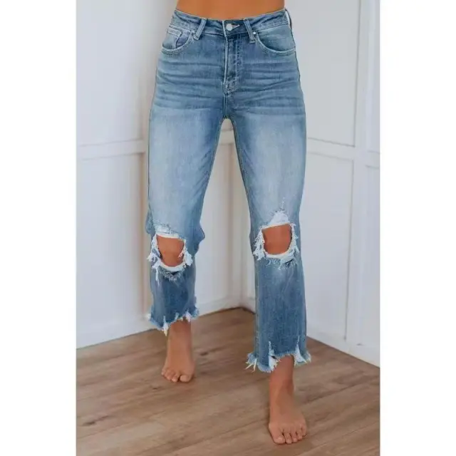 European And American Ripped Jeans Women's Tight Dark Blue - Shop at LoveMi