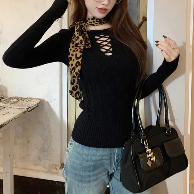 Fashion Design Long sleeved Sweater Slim Slimming Hollow Elegant Bottoming Top Women Black - Shop at LoveMi