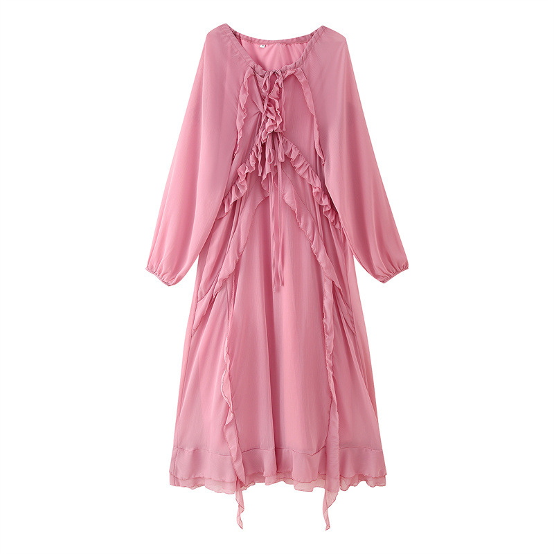 Laminated Ruffled V-neck Long-sleeve Dress
