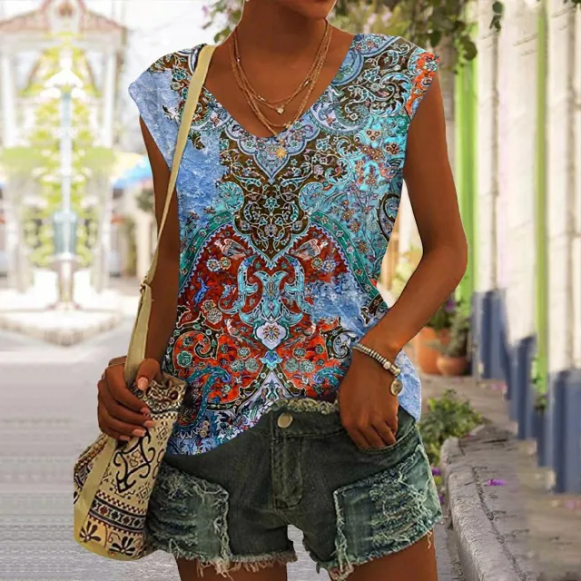 Women's V neck Vest Vintage Architectural Print T shirt Red - Shop at LoveMi