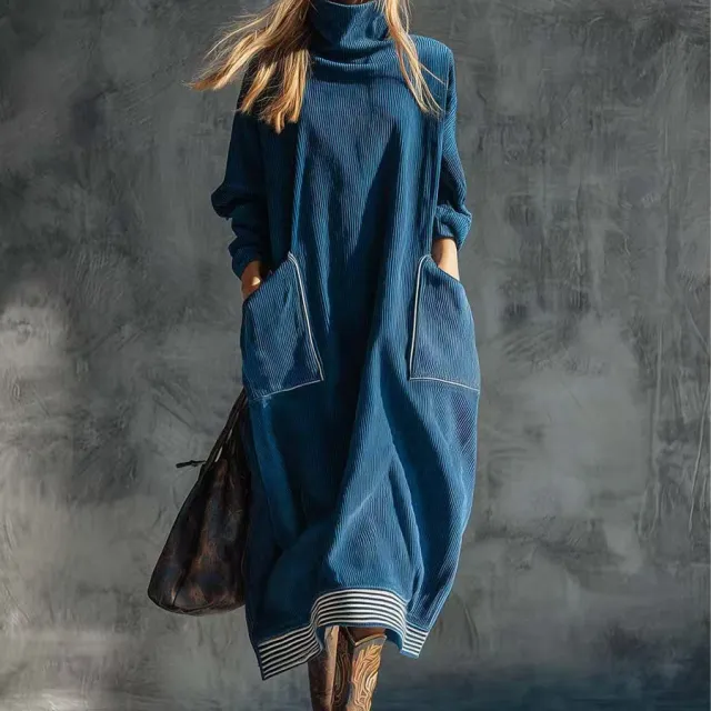 Euro American High neck Patchwork Vintage Loose fit Long sleeve Dress With Pockets Blue - Shop at LoveMi