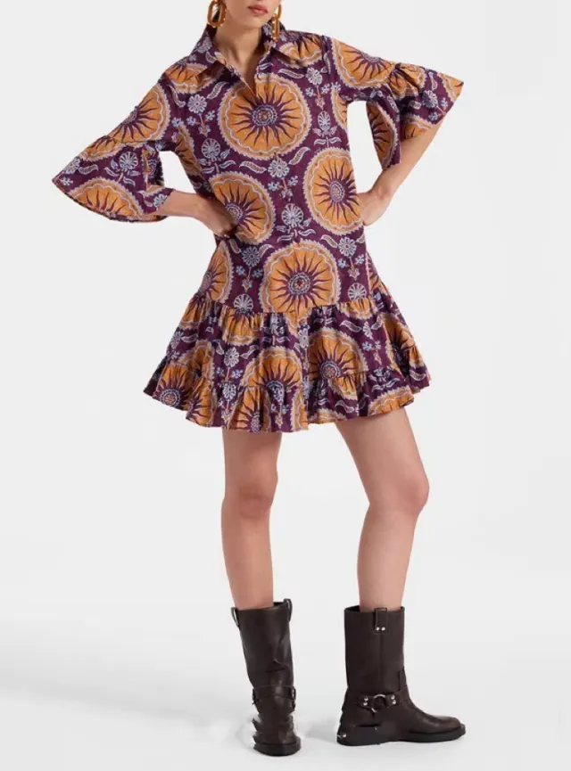 Women's Wear Bell Sleeve Printed Loose Casual Dress Purple - Shop at LoveMi