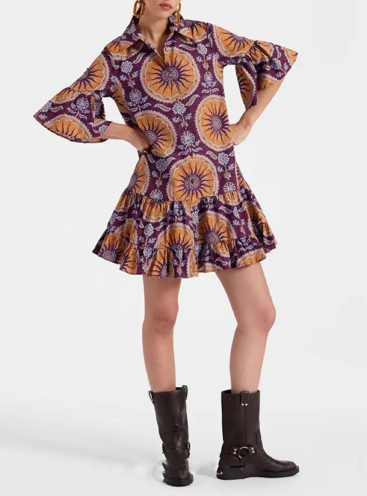 Women's Wear Bell Sleeve Printed Loose Casual Dress - Purple
