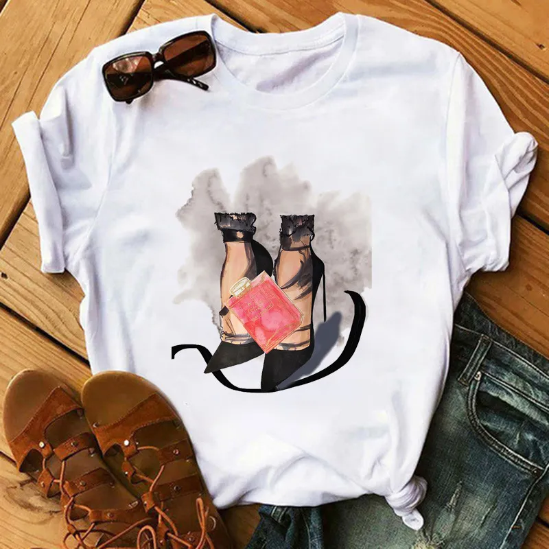 Women's High Heels Pattern Cute Loose Top T-shirt - 5325