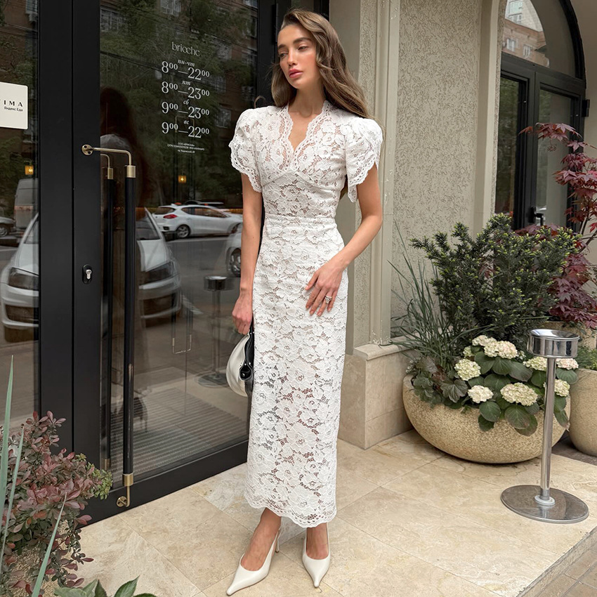 Spring Summer V-neck Lace Womens Dress