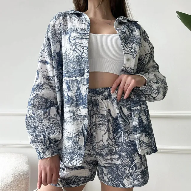 Fashion Printed Crepe Long Sleeve Shorts Two piece Set Blue - Shop at LoveMi