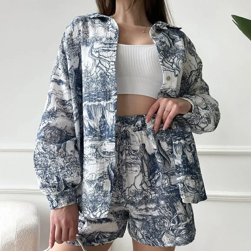 Fashion Printed Crepe Long Sleeve Shorts Two-piece Set - Blue