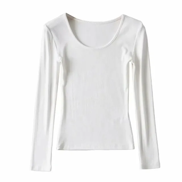 Round Neck Stretch Slim Fit Long sleeved T shirt Women White - Shop at LoveMi