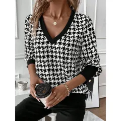 V-neck Long Sleeve Button Printed T-shirt In Contrast Colour - Colour No 1H - View 1
