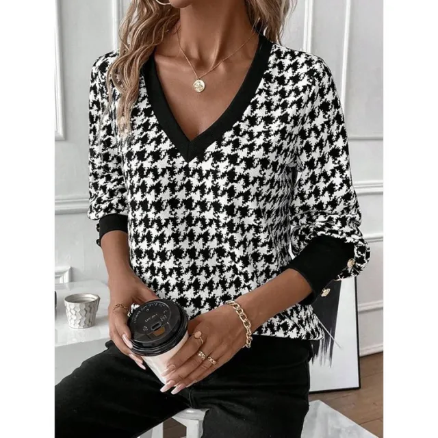 V neck Long Sleeve Button Printed T shirt In Contrast Color Color No 1H - Shop at LoveMi