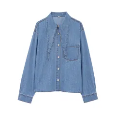 Fashionable Neckline Bowknot Decoration Denim Shirt - Blue - View 1
