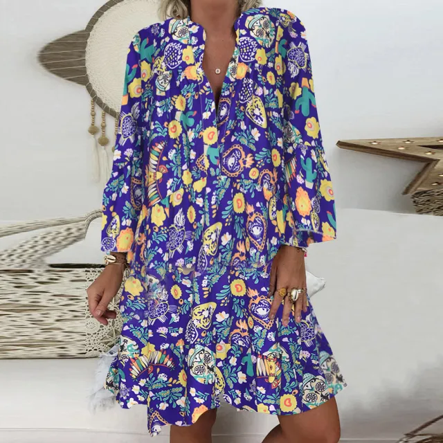 Printed Pointed Collar Button Ruffled Loose Dress Dark Blue Cactus - Shop at LoveMi