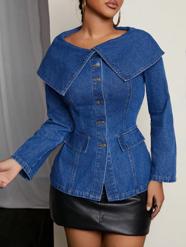 Elegant Sunburn Big Lapel Long Sleeve Denim Coat Blue - Shop at LoveMi