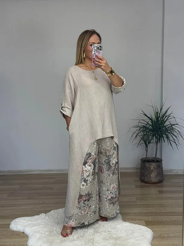 Women's Casual Cotton Linen Irregular Top Wide Leg Pants With Pockets Suit Beige - Shop at LoveMi