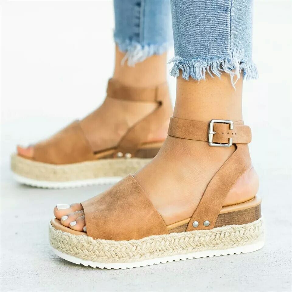 Leopard Print Jute Sole Platform Wedge Sandals - Women's Buckle Strap Thick Bottom Casual Summer Shoes European American Style Plus Size