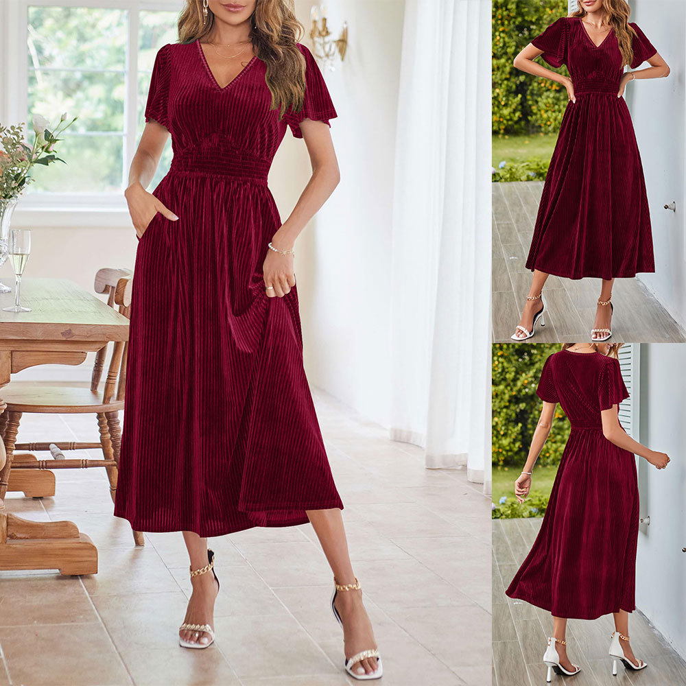 Knitted Short-Sleeve V-Neck Defined-Waist Maxi Dress For Women