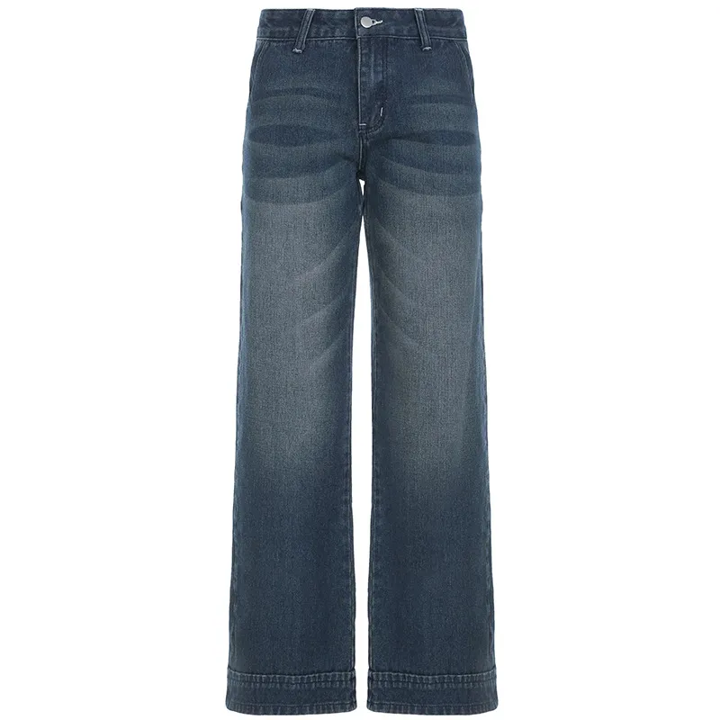 Women's Low Waist Washed Wear-white Blue Jeans All-matching Straight - Blue