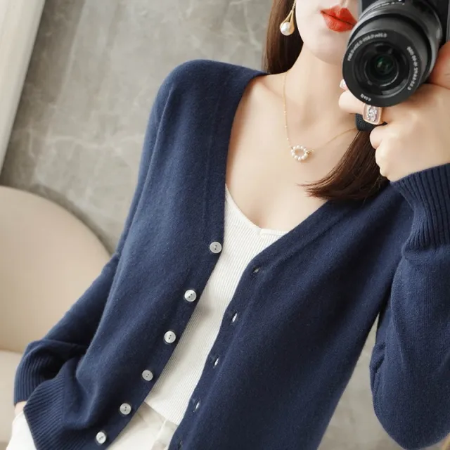 Women's Cardigan V neck All matching Sweater Outer Tops Long Sleeve Sweater Coat Dark Blue - Shop at LoveMi