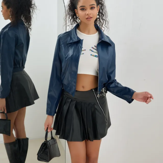 Leather Short Jacket Vintage Zipper American Casual Motorcycle Blue - Shop at LoveMi