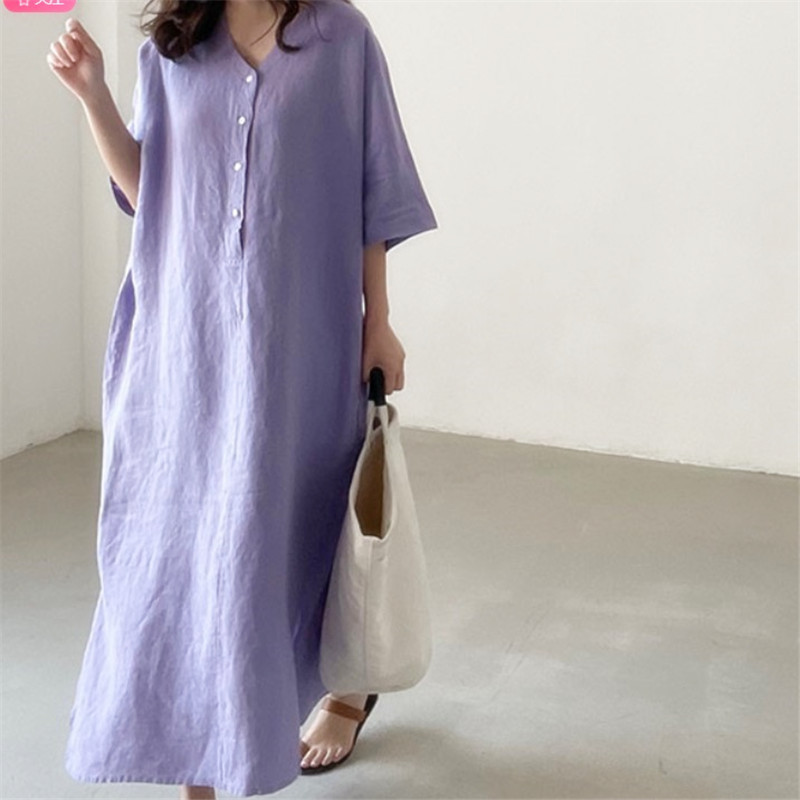 Loose Short Sleeve And Long Pattern Cotton And Linen Shirt Skirt